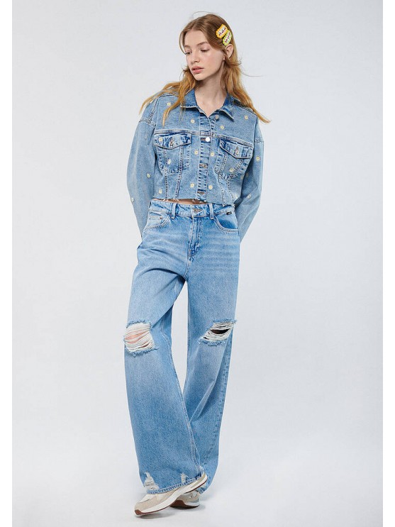Широкие женские джинсы Mavi с высокой посадкой и потертостями