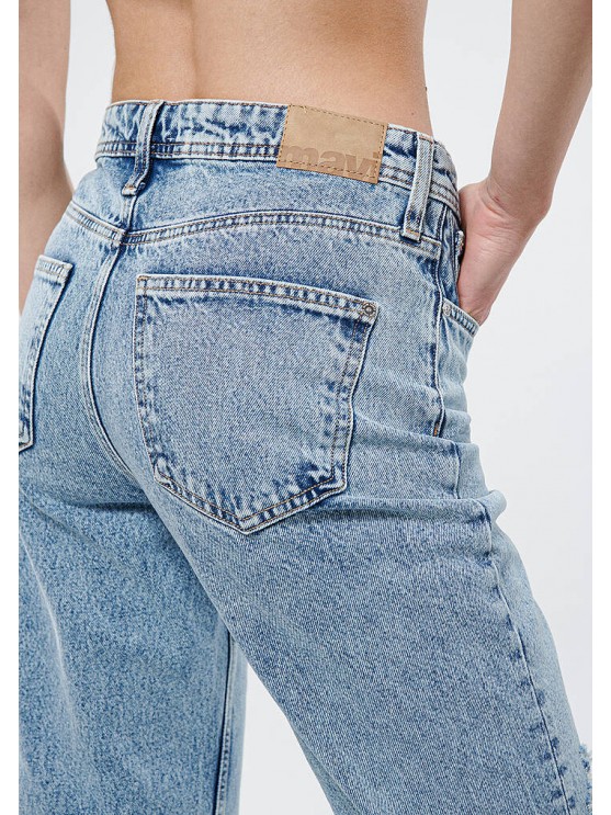 Женские джинсы Mavi с высокой посадкой и прямым фасоном, блакитного цвета с рваными деталями
