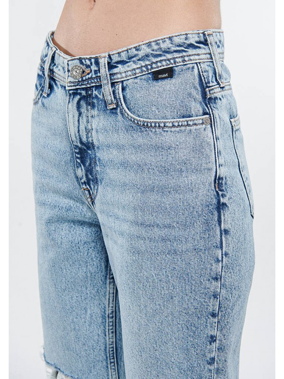 Жіночі джинси Mavi прямого фасону з високою посадкою та рваннями, блакитного кольору.