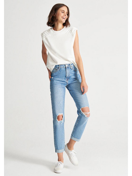 Stylish Mavi Mom Jeans with High-Rise Fit and Distressed Detail in Blue