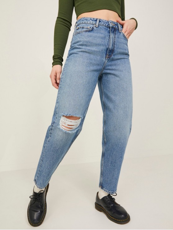JJXX Mom Fit High Waist Ripped Blue Jeans for Women
