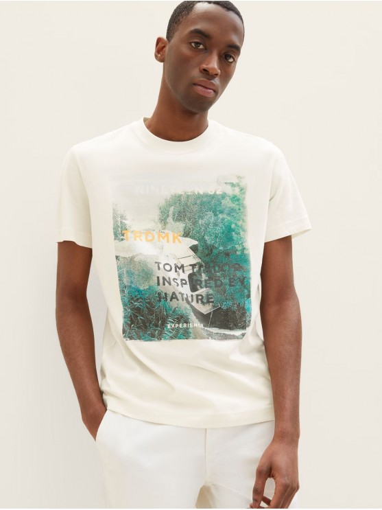 Чоловічі футболки Tom Tailor з принтом в бежевому кольорі