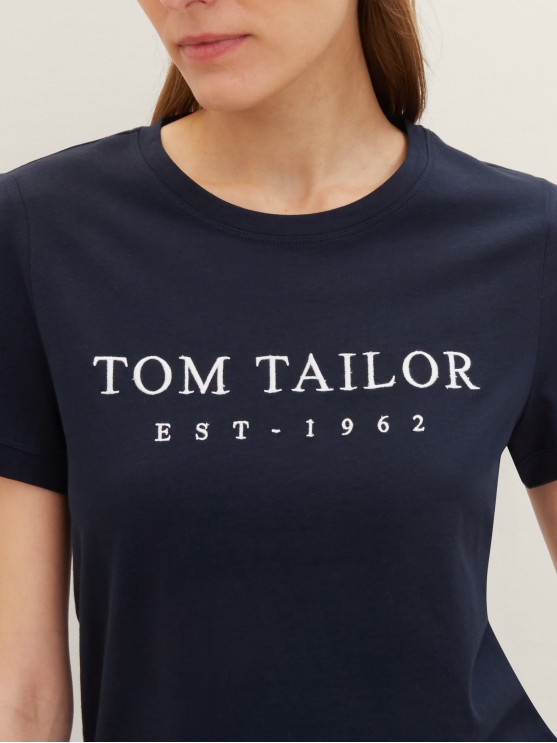 Футболка з лого принтом від Tom Tailor для жінок у синьому кольорі