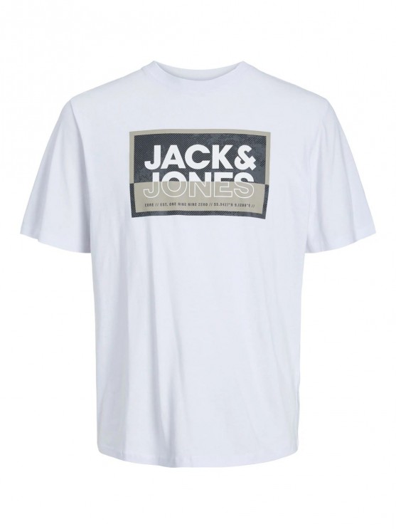 "Футболка Jack Jones с логотипом на белом фоне" (For categories Мужчинам > Одежда > Футболки and characteristics Категория / футболки: з лого принтом, Цвет / футболки: білі, Бренд: Jack Jones)