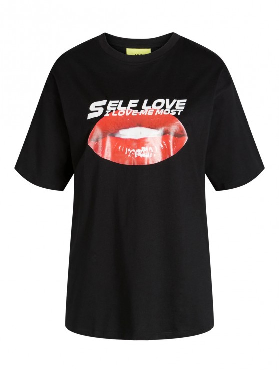 Чорна футболка для жінок з принтом SELF LOVE від JJXX