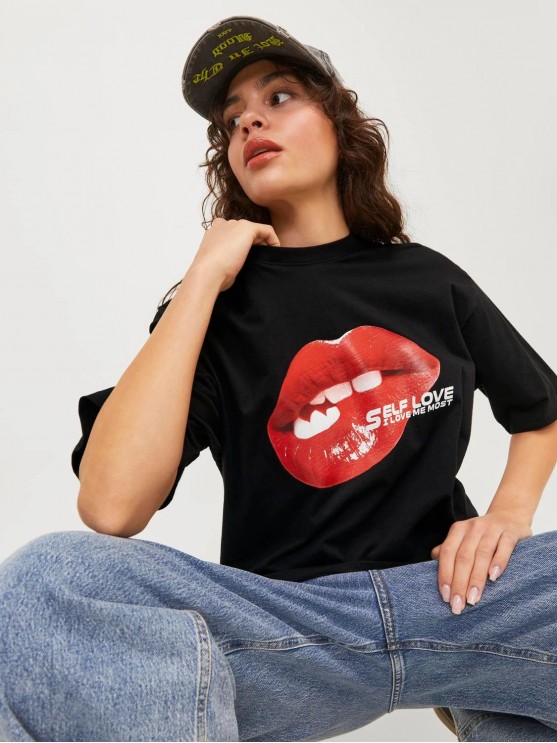 JJXX Black T-Shirt with Self Love Print for Women