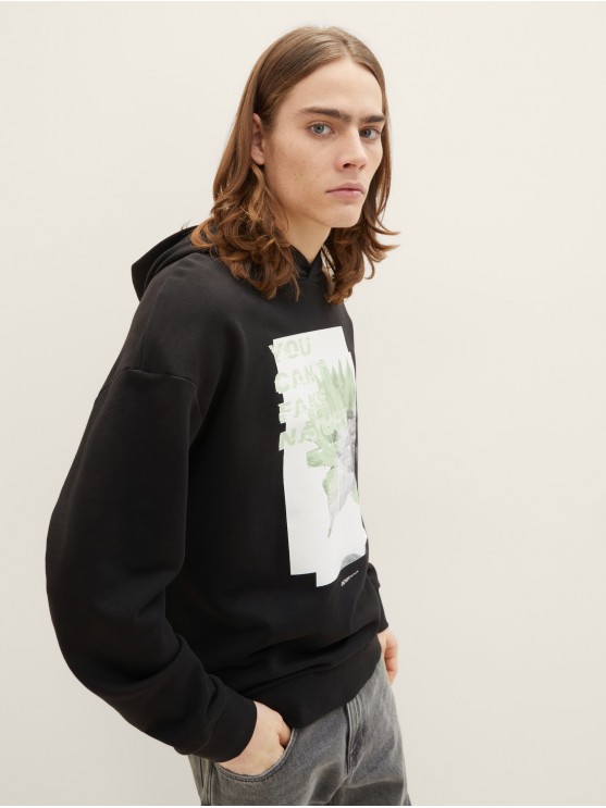 Tom Tailor Men's Black Hoodie with English Print