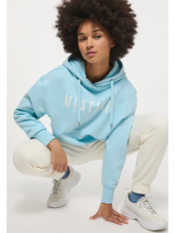 Stay stylish in a Mustang blue hoodie with English print