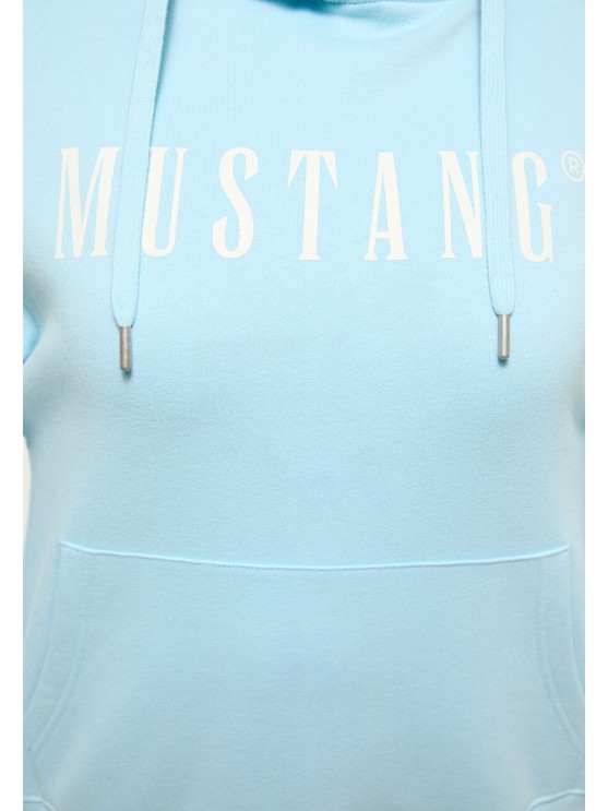 Stay stylish in a Mustang blue hoodie with English print