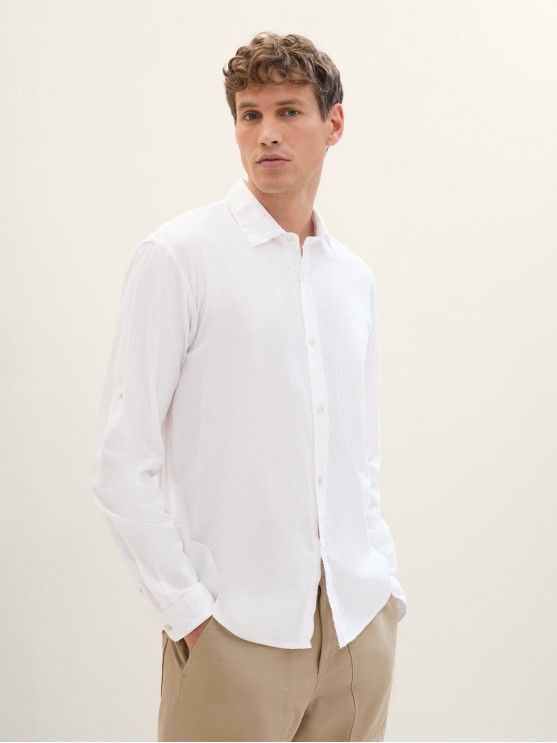Чоловіча лляна сорочка Tom Tailor білого кольору з довгим рукавом