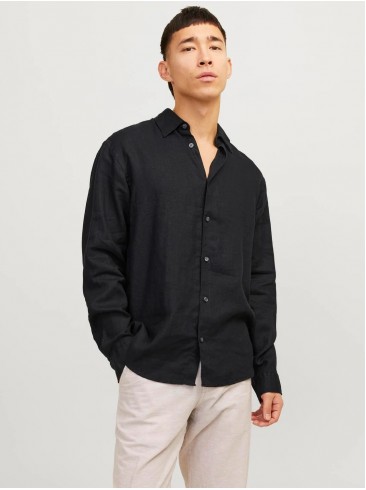 Stay stylishly comfortable with Jack Jones Black Onyx RELAX - Long Sleeve Linen Shirts in Black
