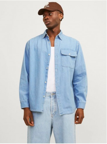 джинсова сорочка, з довгим рукавом, світло-синій колір, Jack Jones, 12252846 Blue Denim