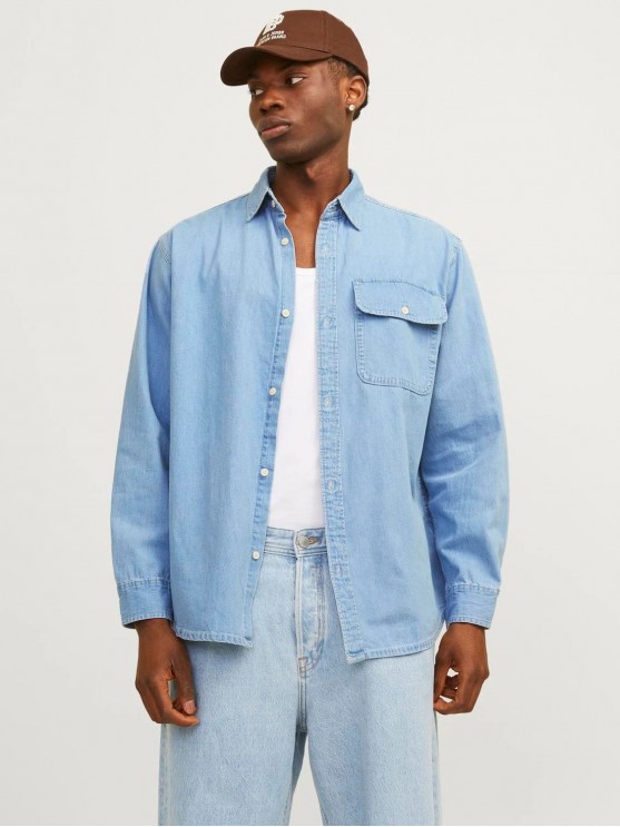 Shop Jack Jones' Light Blue Denim Shirt with Long Sleeves for Men