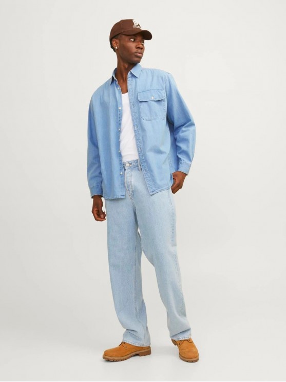 Мужская рубашка Jack Jones джинсовая светло-синего цвета с длинными рукавами