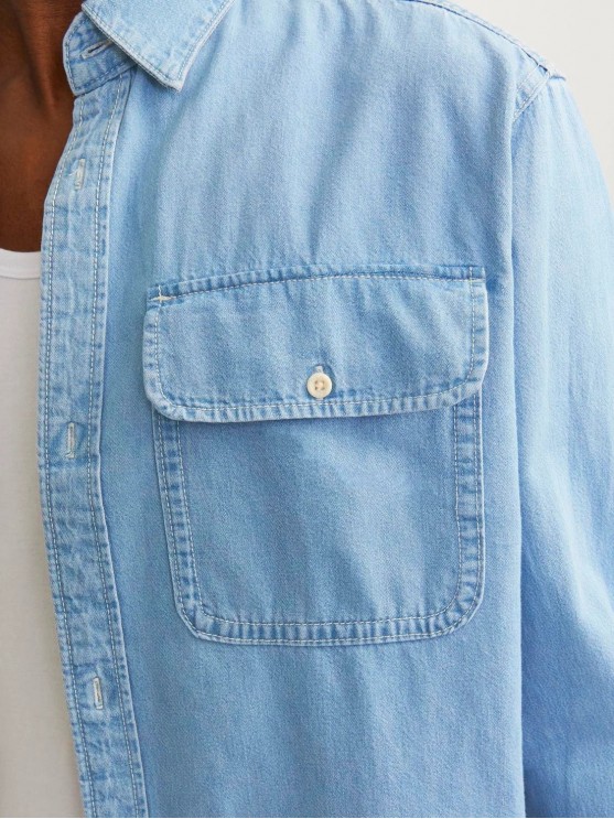 Shop Jack Jones' Light Blue Denim Shirt with Long Sleeves for Men